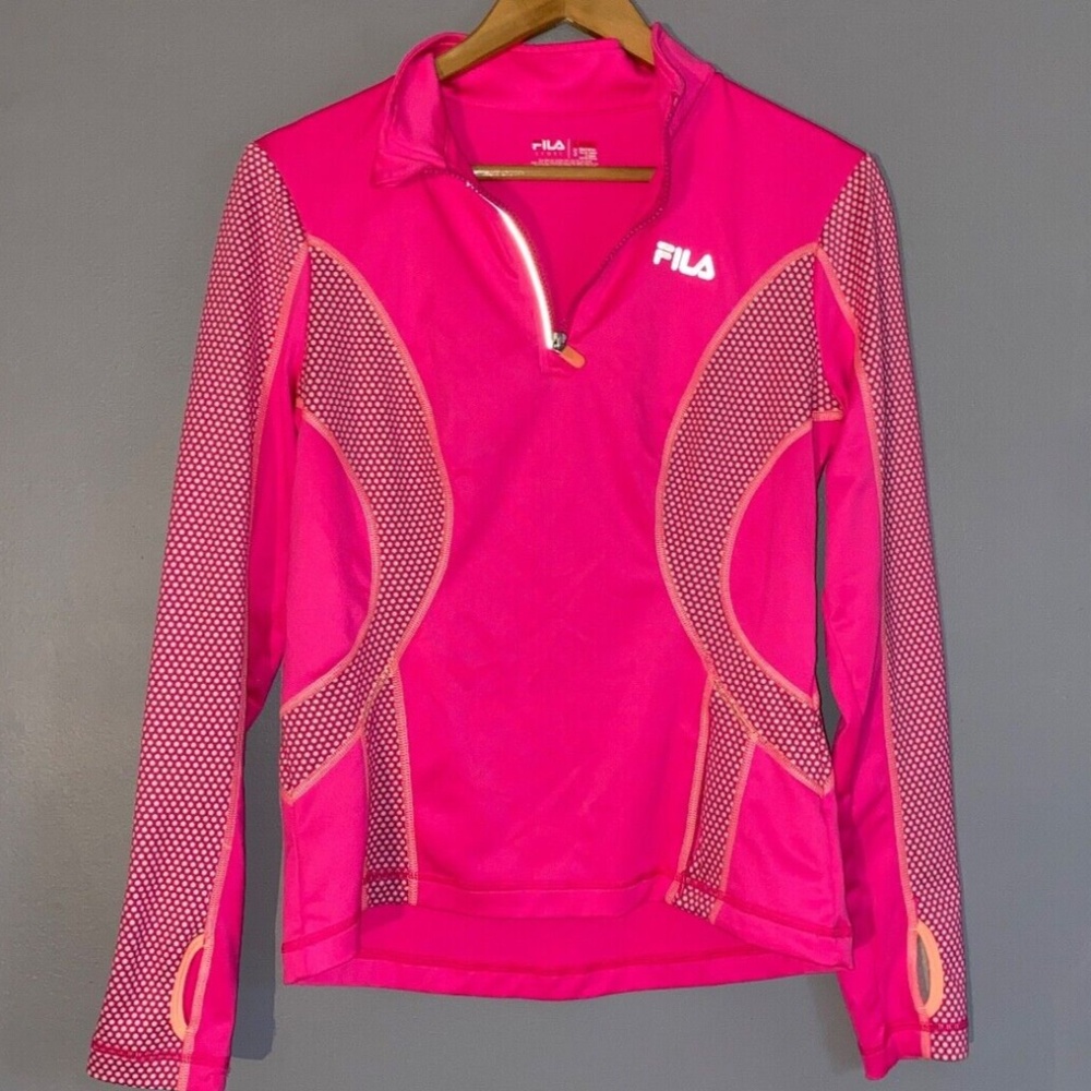 Small FILA Running Quarter Zip Performance Workout Shirt Neon Pink w/Dots